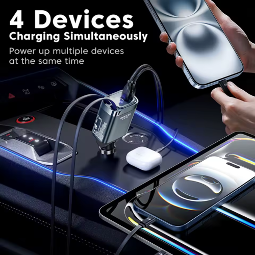 Адаптер для авто Toocki 4-in-1 Retractable Car Charger (2 Type-C Cable + USB-A + USB-C) 105W (Grey)