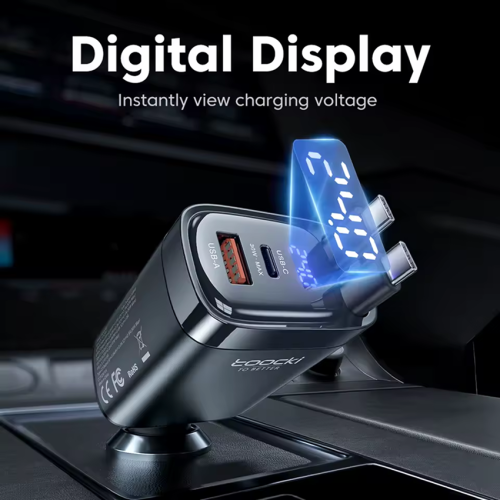 Адаптер для авто Toocki 4-in-1 Retractable Car Charger (2 Type-C Cable + USB-A + USB-C) 105W (Grey)