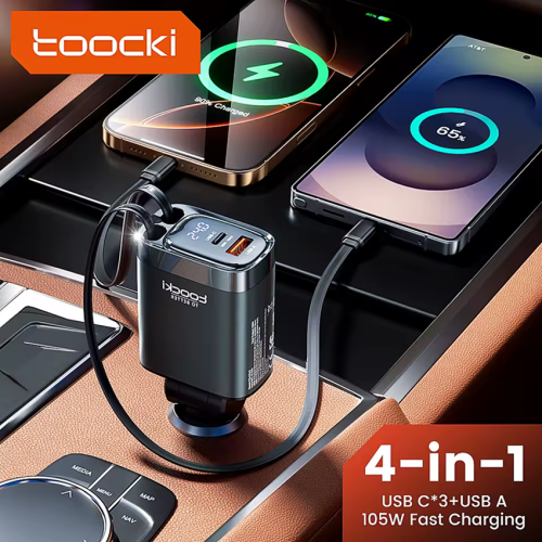Адаптер для авто Toocki 4-in-1 Retractable Car Charger (2 Type-C Cable + USB-A + USB-C) 105W (Grey)