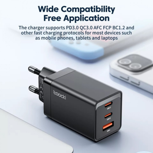 Адаптер Toocki GaN Fast Charger (2 USB-C + 1 USB-A) 65W (Black) Адаптер Toocki GaN Fast Charger (2 USB-C + 1 USB-A) 65W (Black)