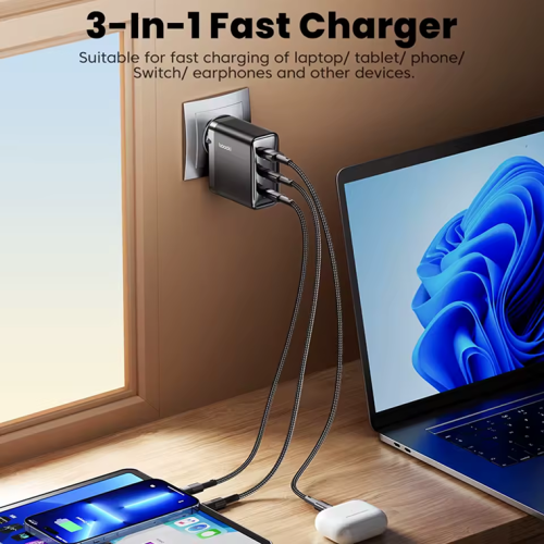 Адаптер Toocki 3-Port GaN Fast Charger (2 USB-C + 1 USB-A) 100W/2A (Black)