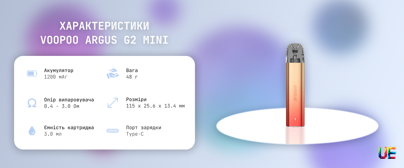 Технічні характеристики та LED-індикація Voopoo Argus G2 Mini