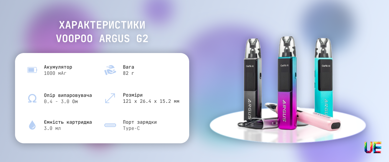 Технічні характеристики та інтерфейс екрана Voopoo Argus G2