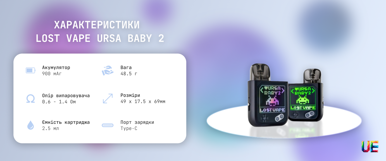 Технічні характеристики та індикація Lost Vape Ursa Baby 2